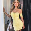 Sexy Strapless Bodycon Mini Summer Dress Women Short Sleeve Off Shoulder Pleated Bandage Dress Casual Sheath Dress Short