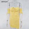 Sexy Strapless Bodycon Mini Summer Dress Women Short Sleeve Off Shoulder Pleated Bandage Dress Casual Sheath Dress Short