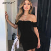 Sexy Strapless Bodycon Mini Summer Dress Women Short Sleeve Off Shoulder Pleated Bandage Dress Casual Sheath Dress Short
