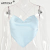 Articat Solid Satin Backless Tank Tops For Women Sexy Clubwear Crop Top Female Slim Bandage Bustier Short Casual Vest Ladies