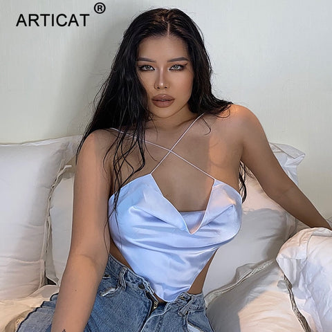 Articat Solid Satin Backless Tank Tops For Women Sexy Clubwear Crop Top Female Slim Bandage Bustier Short Casual Vest Ladies