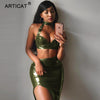 Two Pieces Halter Sexy PU Leather Dress Women Deep V Neck Off Shoulder Summer Dress Vestidos Backless Club Party Dresses