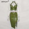 Two Pieces Halter Sexy PU Leather Dress Women Deep V Neck Off Shoulder Summer Dress Vestidos Backless Club Party Dresses