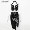 Two Pieces Halter Sexy PU Leather Dress Women Deep V Neck Off Shoulder Summer Dress Vestidos Backless Club Party Dresses