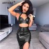 Two Pieces Halter Sexy PU Leather Dress Women Deep V Neck Off Shoulder Summer Dress Vestidos Backless Club Party Dresses