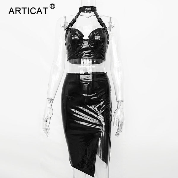 Two Pieces Halter Sexy PU Leather Dress Women Deep V Neck Off Shoulder Summer Dress Vestidos Backless Club Party Dresses