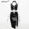 Two Pieces Halter Sexy PU Leather Dress Women Deep V Neck Off Shoulder Summer Dress Vestidos Backless Club Party Dresses
