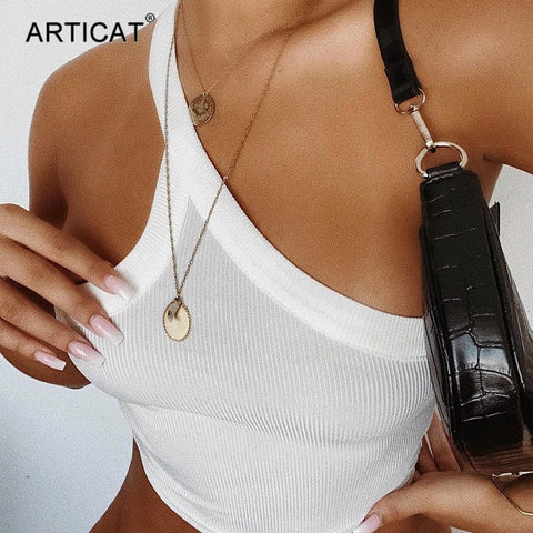 Articat White Basic Oblique Shoulder Camis Crop Tops For Women Summer Sleeveless Rib Knitted Tops Backless Tank Top Streetwear