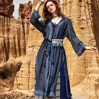 2022 Autumn Women Simple Style Solid Loose Stitching Tassels Neckline Hem Split Side Hollow Long V-neck Shirt ZA10288X