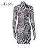 Artsu Zebra Print Women Mini Dress Long Sleeve With Gloves Turtleneck Bodycon Sexy Dresses Autumn Winter Slim Club 42016