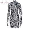 Artsu Zebra Print Women Mini Dress Long Sleeve With Gloves Turtleneck Bodycon Sexy Dresses Autumn Winter Slim Club 42016