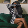 Artsu Zebra Print Women Mini Dress Long Sleeve With Gloves Turtleneck Bodycon Sexy Dresses Autumn Winter Slim Club 42016
