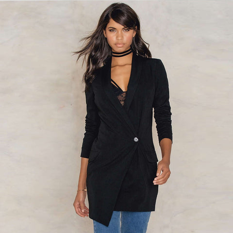 Asymmetric Design Women Blazers One Button Low-high Sweep Medium Long Blazer Coat Fashion Suit Jackets  Blazer Black M17020402