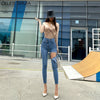 Asymmetry Waist Ripped Jeans Woman Streetwear Elastic High Waisted Denim Pencil Pants Woman Korean Skinny Jeans Female Clothes