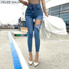 Asymmetry Waist Ripped Jeans Woman Streetwear Elastic High Waisted Denim Pencil Pants Woman Korean Skinny Jeans Female Clothes