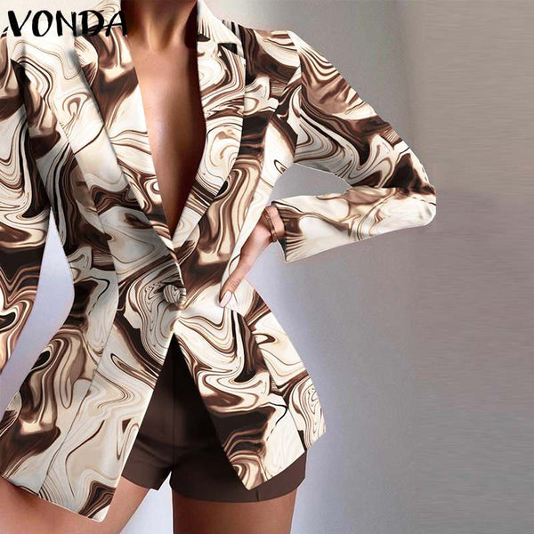 Autum Printed Long Sleeve Lapel Collar Suit Blazer 2022 VONDA Women Casual Button Up Jackets Outwear Coats Veste Femme Overcoats