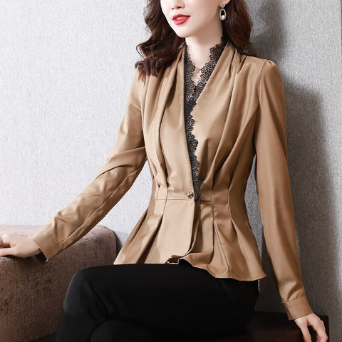 Autumn 2023 Women Blazer jacket Elegant Slim Patchwork Lace Suit Blazer V-neck Long Sleeve Single Button Office lady shirt