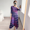 Autumn 2022 plaid print long dress women Miyak fold plus size loose three-quarter sleeve round neck dress