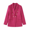 Autumn 2023 Women Breasted Decoration Tweed Textured Blazer Lapel Long Sleeve Outerwear Female Office Wear Deep Fuchsia Tops