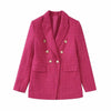 Autumn 2023 Women Breasted Decoration Tweed Textured Blazer Lapel Long Sleeve Outerwear Female Office Wear Deep Fuchsia Tops