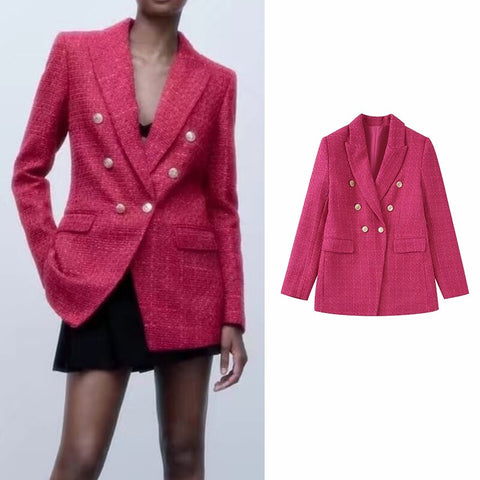 Autumn 2023 Women Breasted Decoration Tweed Textured Blazer Lapel Long Sleeve Outerwear Female Office Wear Deep Fuchsia Tops