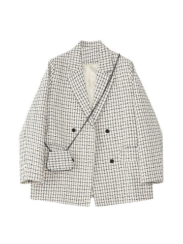 Autumn 2023 Women Tweed White Plaid With Bag Suit Oversized Blazer Lapel Notched Long Sleeve Loose Fit Jacket Female