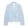 Autumn 2023 Women Textured Double Breasted Blazer Lapel Long Sleeve Outerwear Female Sky Blue Tops HH7105