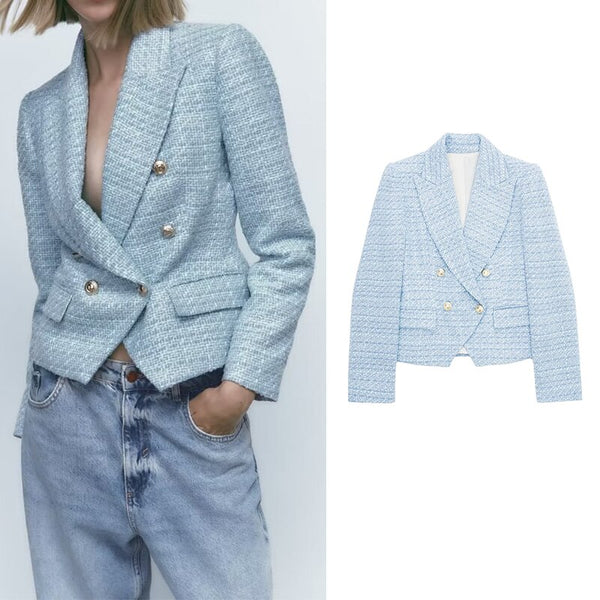 Autumn 2023 Women Textured Double Breasted Blazer Lapel Long Sleeve Outerwear Female Sky Blue Tops HH7105