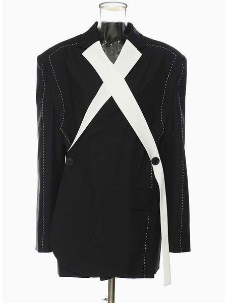 Autumn 2023 Women Topstitched Cross Big Size Blazer Lapel Long Sleeve Loose Fit Jacket Tide GF440