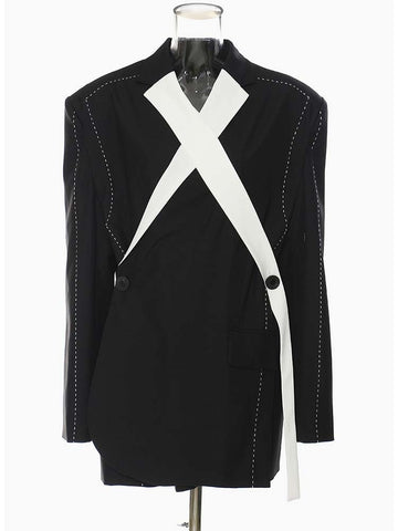 Autumn 2023 Women Topstitched Cross Big Size Blazer Lapel Long Sleeve Loose Fit Jacket Tide GF440