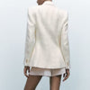 Autumn 2023 Women White Tweed Double Breasted Blazer Lapel Long Sleeve Outerwear Female Casual Tops CD8660