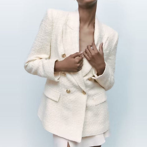 Autumn 2023 Women White Tweed Double Breasted Blazer Lapel Long Sleeve Outerwear Female Casual Tops CD8660