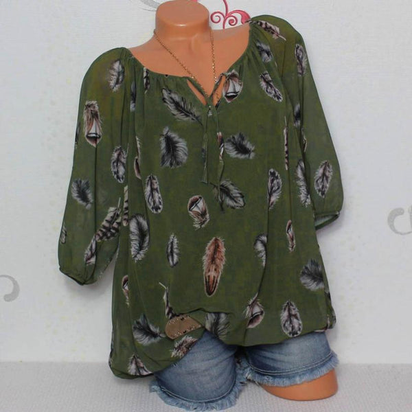Autumn And Summer Women Blouse Shirts Half Sleeve Feather Printing V-neck Streetwear Clothing Harajuku Fashion Blouses 5XL#GHC