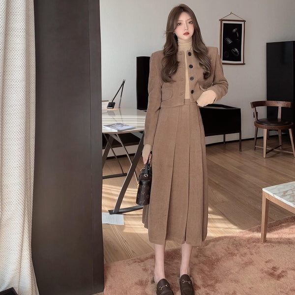 Autumn And Winter Elegant Women's Skirt Suit Vintage Jacket Woolen Short Coatpleated Skirt Two-Piece Set Female