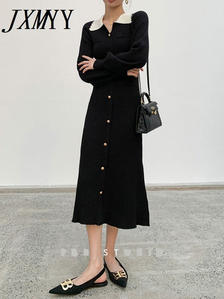 Autumn And Winter Chic High Elegant Temperament Long Skirt Black Long-Sleeved Knitted Bottoming Dress Women's Clothing