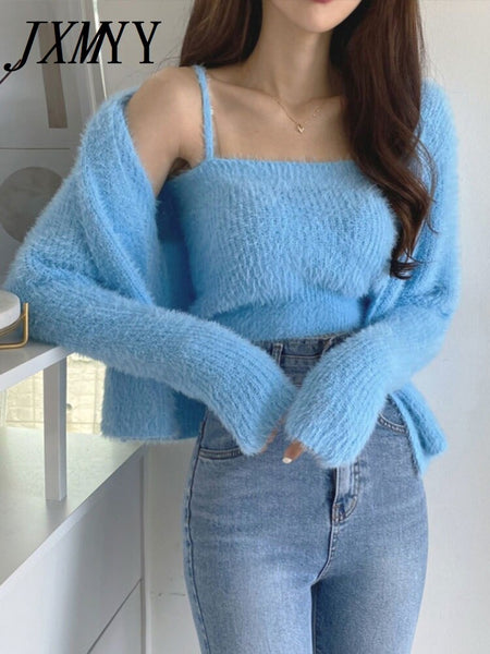 Autumn And Winter Elegant Temperament Women's Suits Suspender Tops With Lazy Wind Sweater Cardigan Two-Piece Set