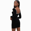Autumn And Winter Long-sleeve High-Waisted Temperament Deep V Bag Hip Black Gold Velvet Shawl Back Short Dress