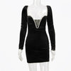 Autumn And Winter Long-sleeve High-Waisted Temperament Deep V Bag Hip Black Gold Velvet Shawl Back Short Dress