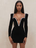 Autumn And Winter Long-sleeve High-Waisted Temperament Deep V Bag Hip Black Gold Velvet Shawl Back Short Dress