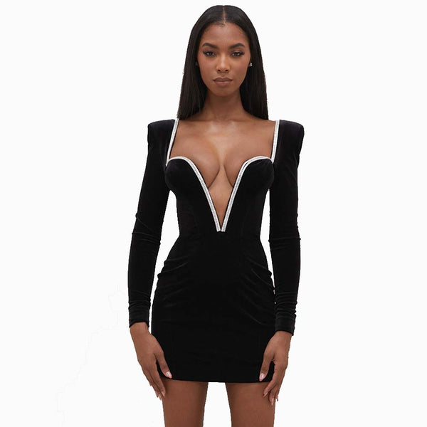 Autumn And Winter Long-sleeve High-Waisted Temperament Deep V Bag Hip Black Gold Velvet Shawl Back Short Dress