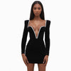 Autumn And Winter Long-sleeve High-Waisted Temperament Deep V Bag Hip Black Gold Velvet Shawl Back Short Dress