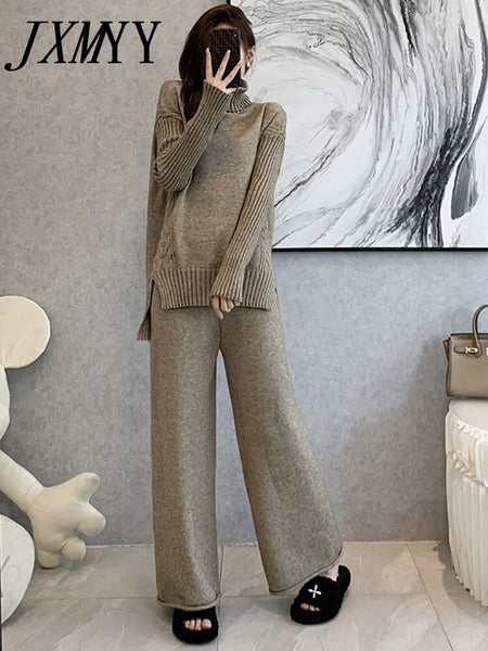 Autumn And Winter Temperament Turtleneck Slit Sweater + Loose Wide-Leg Pants Two-Piece Net Red Lazy Suit Female