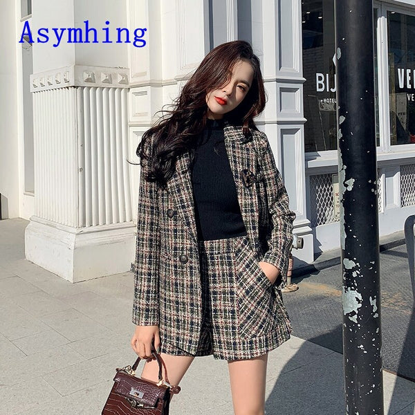 Autumn And Winter Women's Two-piece Korean Style Tweed Long-sleeved Striped Suit Jacket + High-waist Shorts Suit
