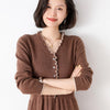 Autumn And Winter Women's Wooden Ears 100% Pure Wool Dress V-Neck Lazy Self-Cultivation Knit Bottoming Long Sweater