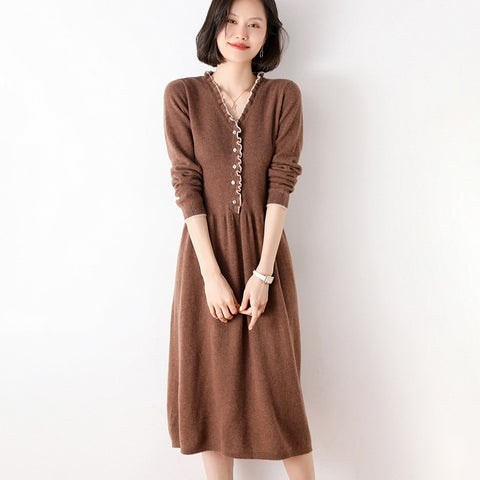 Autumn And Winter Women's Wooden Ears 100% Pure Wool Dress V-Neck Lazy Self-Cultivation Knit Bottoming Long Sweater