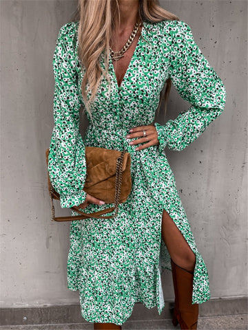 Autumn And Winter Women Midi Dress Long Sleeve Floral Print Sexy V-neck Side Slit Ruffle Dresses Casual Big Swing Women's Base