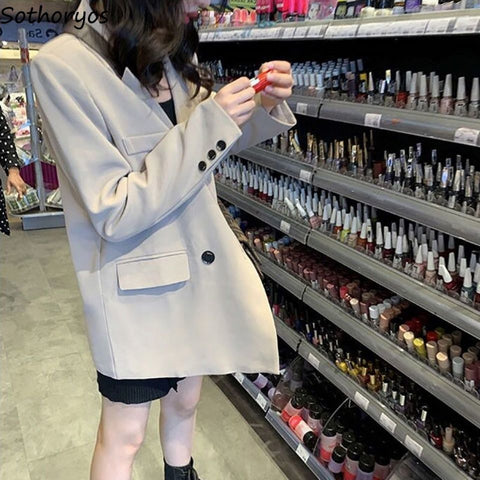 Autumn Black Blazers Women Double Breasted Coat Elegant Loose PopularLong Sleeve Button Suits Office Lady Daily All-match New