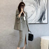 Autumn Blazer Skirt Suits Korean Women Two Piece Set Long Sleeve Suit Jacket + Split Skirt Elegant Office Lady 2 Piece Outfits