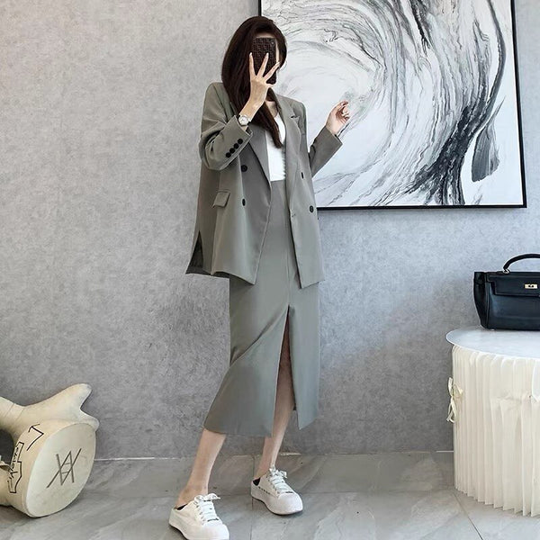 Autumn Blazer Skirt Suits Korean Women Two Piece Set Long Sleeve Suit Jacket + Split Skirt Elegant Office Lady 2 Piece Outfits