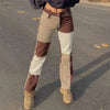 Autumn Brown Women Cowboy Striped Patchwork Jeans Street Casual Hip Hop High Waist Loose Straight Jeans Women's Pants